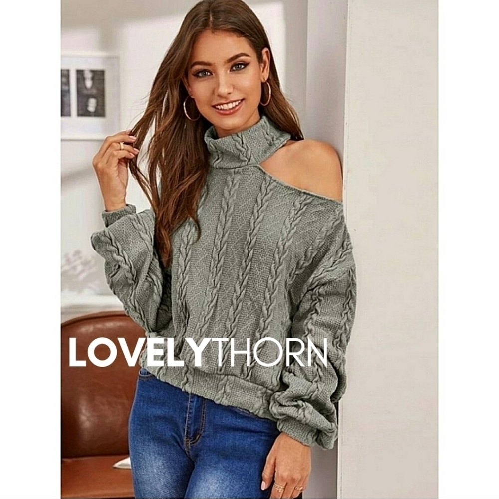SHEIN // cold shoulder hi neck cable knit sweater